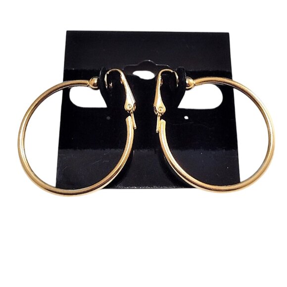 1 1/4" Polished 32mm Hoops Clip On Earrings Gold Plated 2mm Tube Round Smooth - Picture 4 of 5